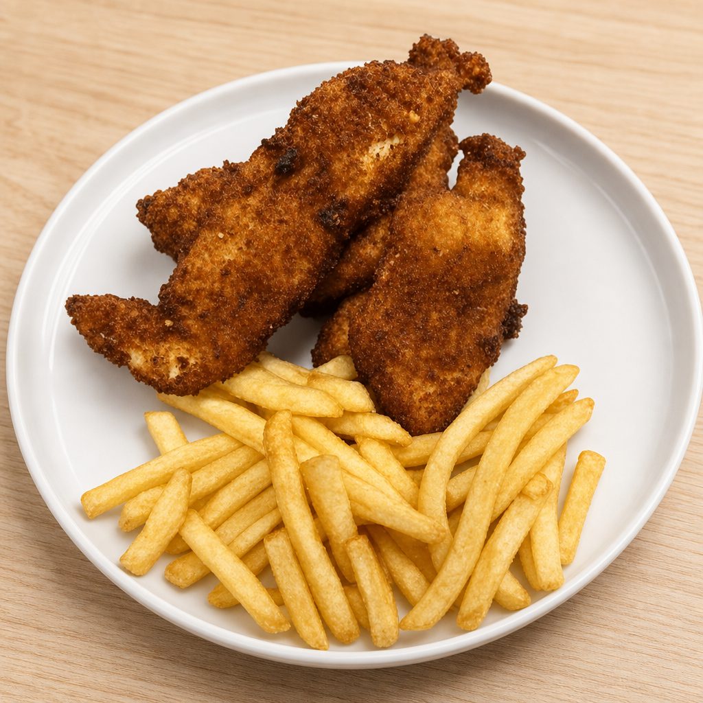 Tires De Pollo con Papa Fritas/Chicken Tenders With Fries.